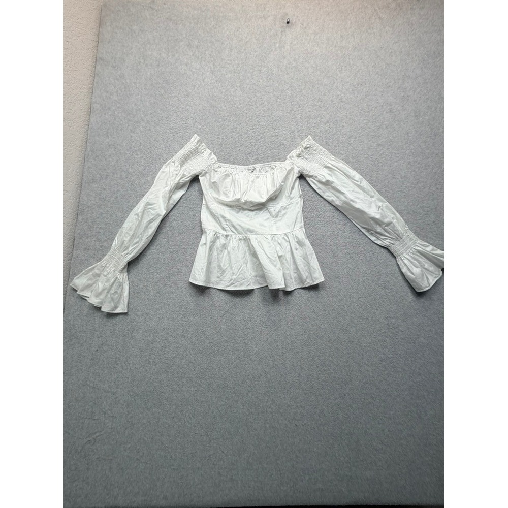 Guess Womens Off The Shoulder Peplum Top White Smocked Bell Sleeve XS